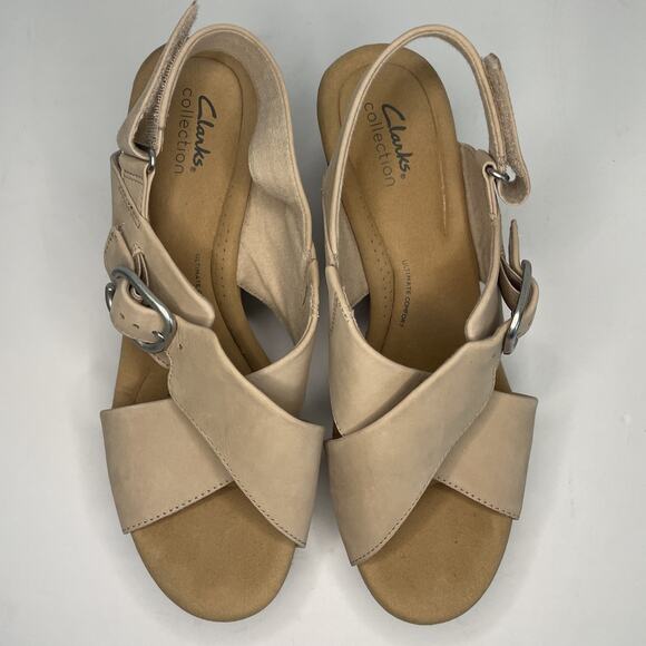 EUC Clarks Giselle Dove Wedge Sandals Hook & Loop Slingback Cork 11 Beige Tan - Picture 4 of 10
